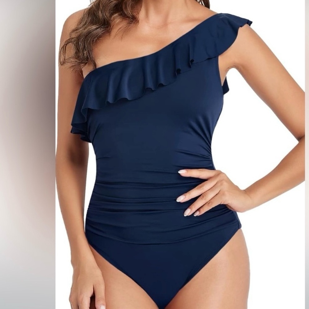 Hilor Bathing Suit Swimsuit One Piece Shoulder Ruffle Navy Blue 8